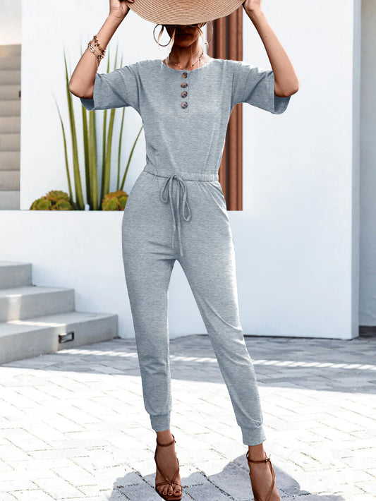 Buttoned Half Sleeve Round Neck Jumpsuit - GlamZation