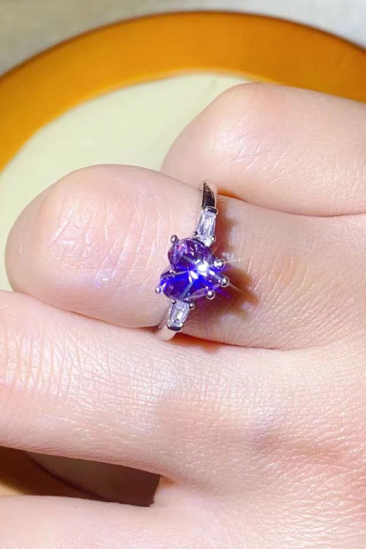 1 Carat Moissanite Heart-Shaped Platinum-Plated Ring in Purple - GlamZation