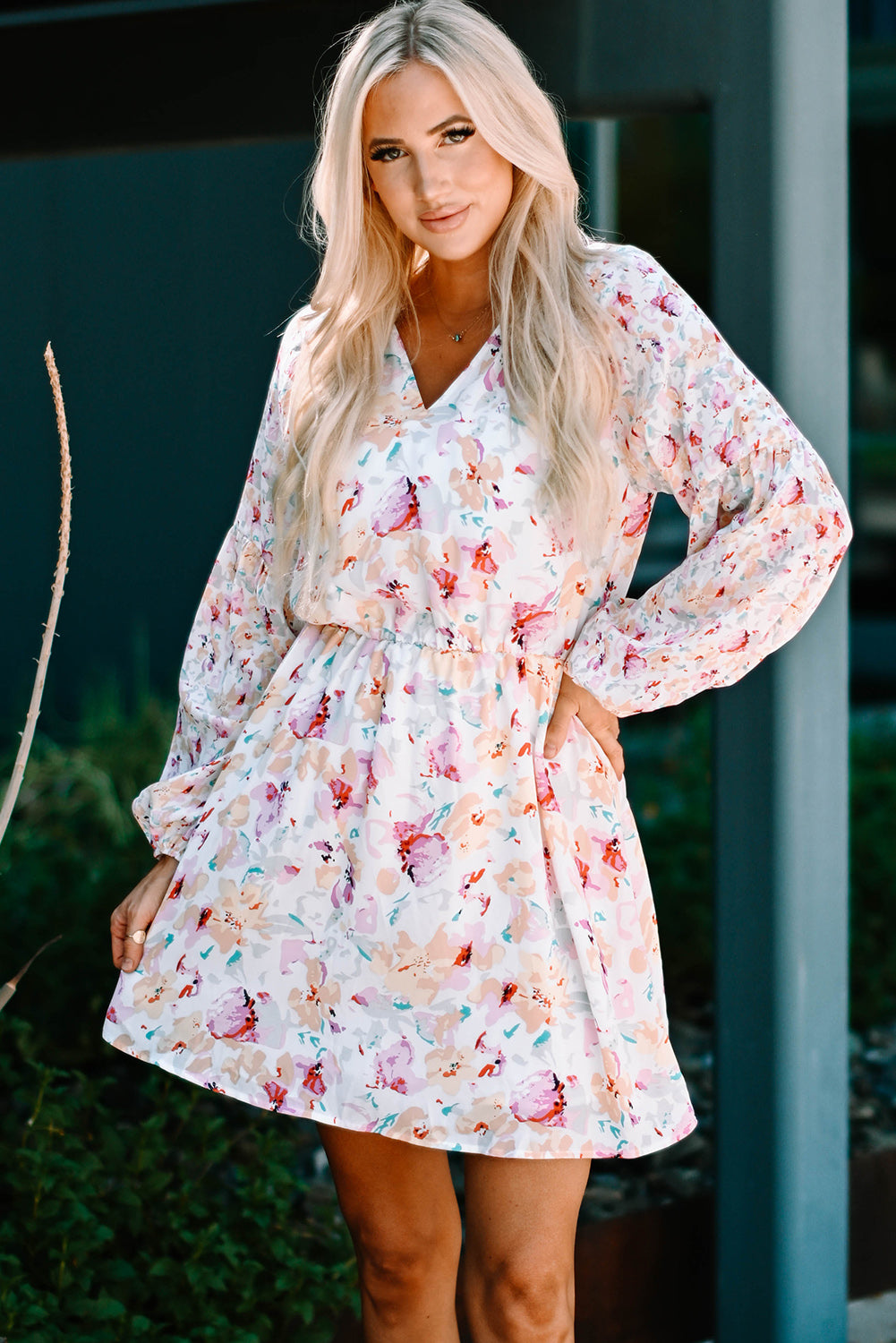 Floral Bubble Sleeve V-Neck Dress - GlamZation