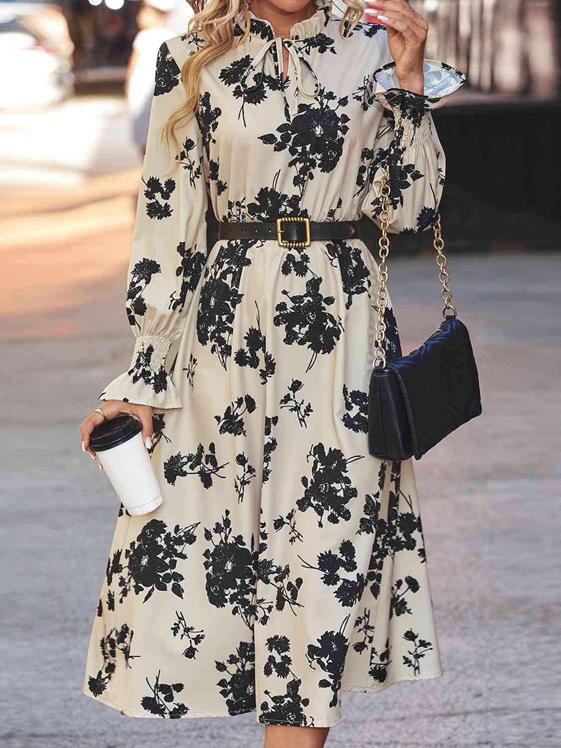 Tie Neck Flounce Sleeve Dress